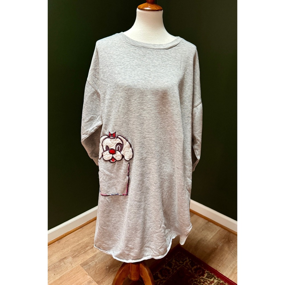 Vintage Oversized Grey‎ Sweatshirt Dress with Cute Dog Applique